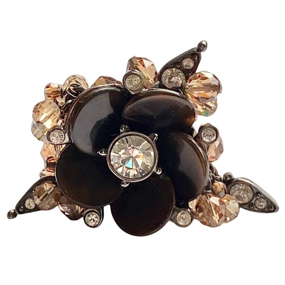 VTG Christian Dior Brown Beaded Crystal Flower Charm Cocktail Ring Sz. 5